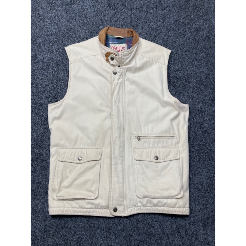 Pacific Trail Mens XL Cream Canvas Vest Plaid Flannel Lined Leather Trim Outdoor